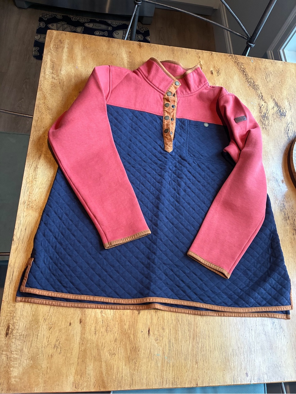 L.L. Bean Navy Quilted Pullover with Coral Sleeves